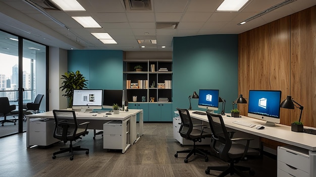 a room with a computer and a desk with a monitor on it