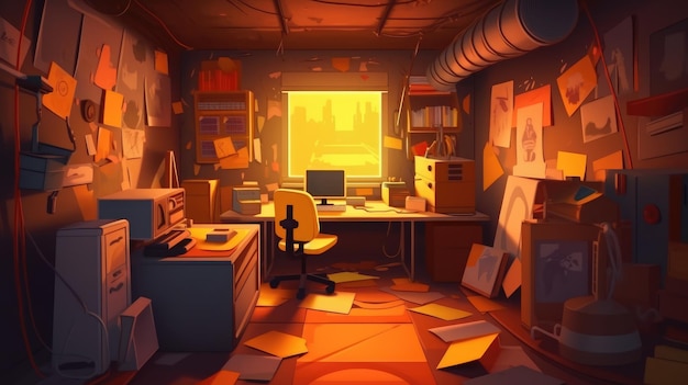 A room with a computer and a lot of papers on the floor.