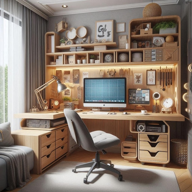 a room with a computer and a picture of a home office