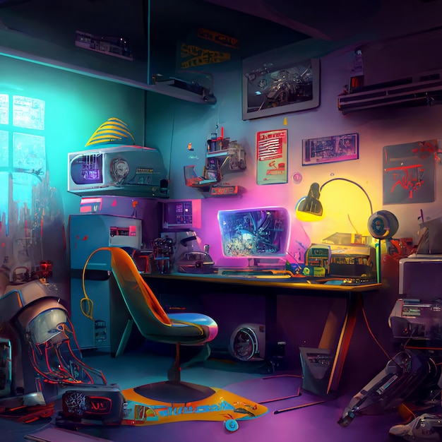 A room with a computer and a poster that says'the game is on the wall '