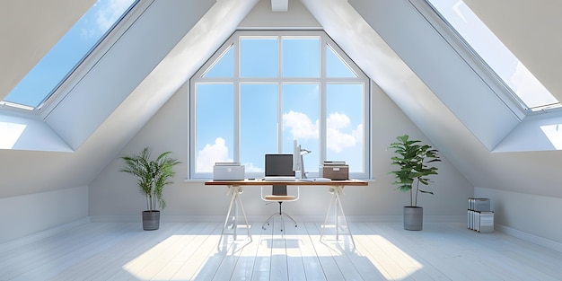 a room with a computer and a window with a view of the sky and plants