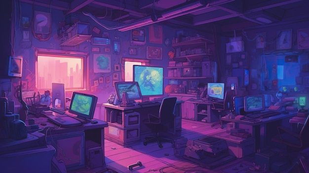 A room with computers and a picture of a man on the wall.