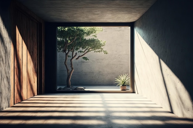 A room with a concrete floor an empty ancient wood plank wall a tropical landscape as the background