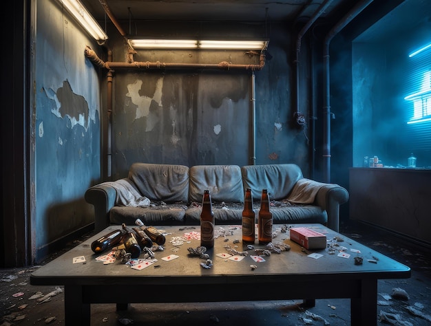 Photo a room with a couch and a bottle of beer on the table