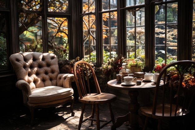 Photo a room with a couch a chair and a table with a potted plant on it