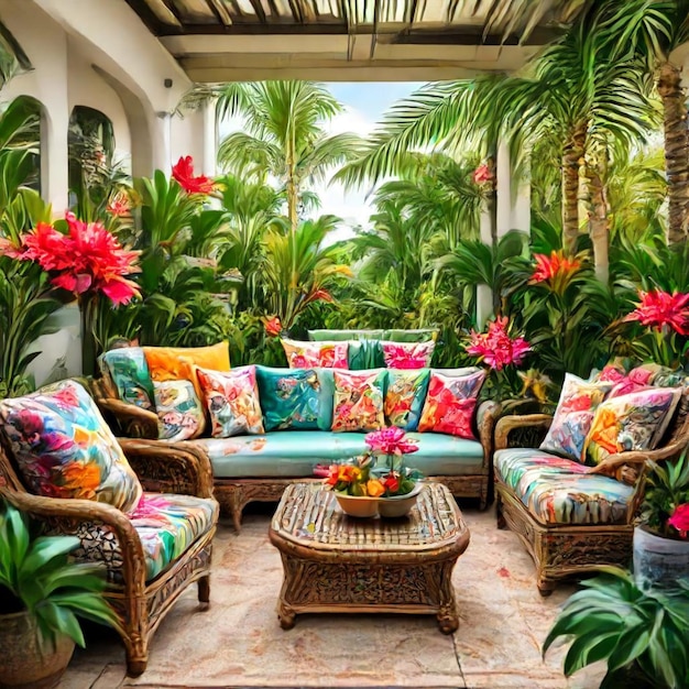 a room with a couch chairs and palm trees