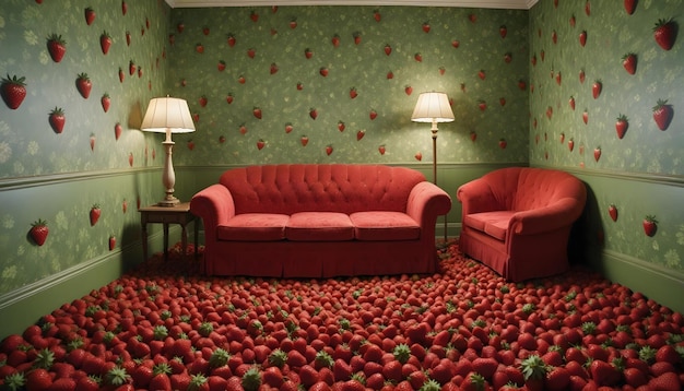 a room with a couch chairs and a wallpaper with fruit on it