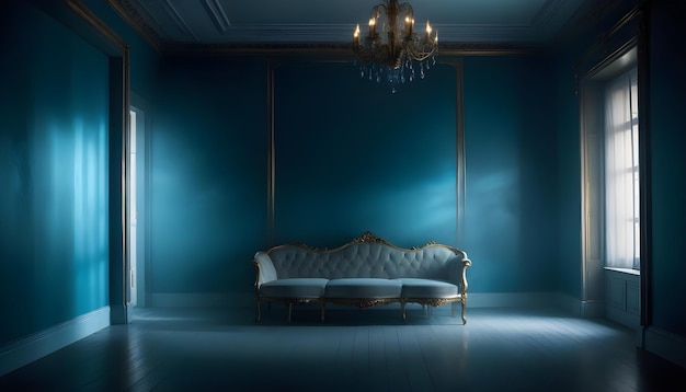 Photo a room with a couch and a chandelier in the corner