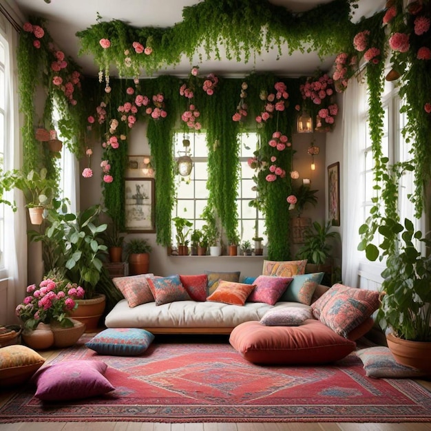 a room with a couch and a couch with flowers on it