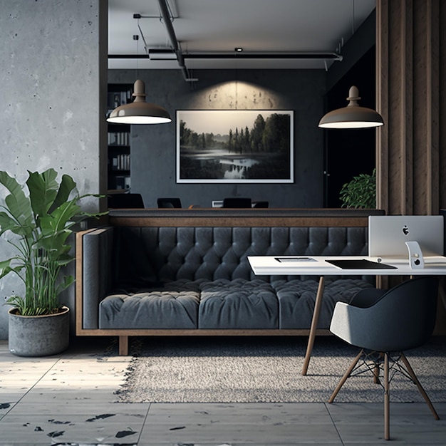 A room with a couch, a desk, and a plant on the wall.