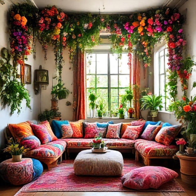 a room with a couch flowers and a window with a flower wall hanging above it