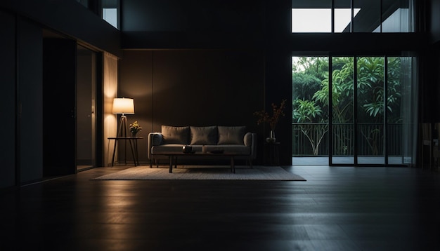 a room with a couch and a lamp on the table