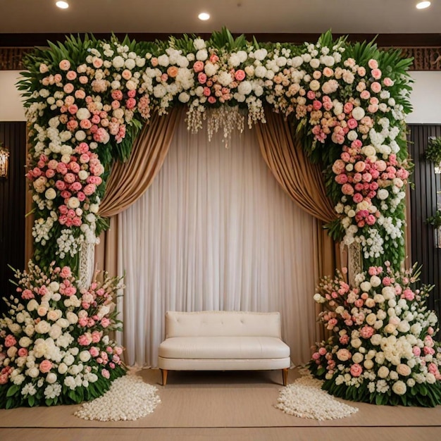 a room with a couch and a large floral display