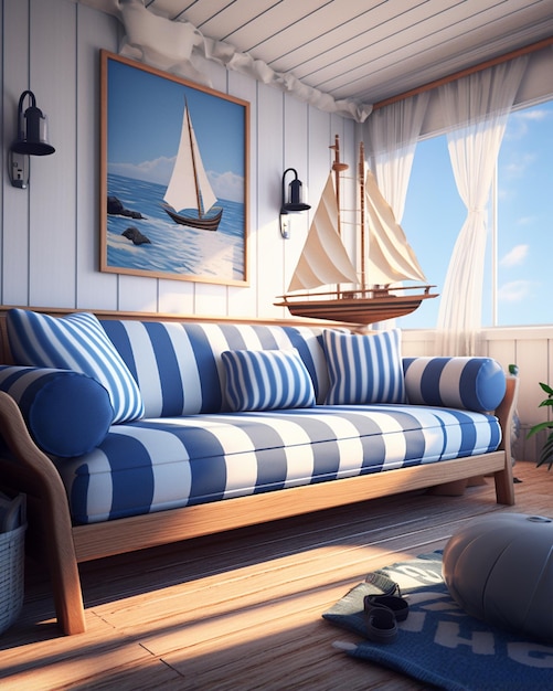 Photo room with a couch and pillows in blue and white