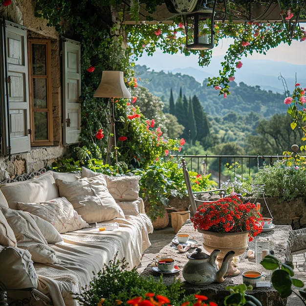 a room with a couch and a pot of flowers on the table