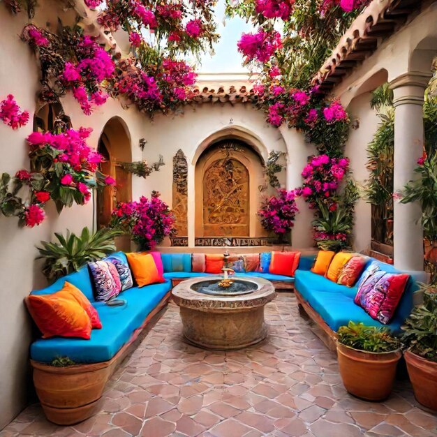 a room with a couch and some flowers on the wall