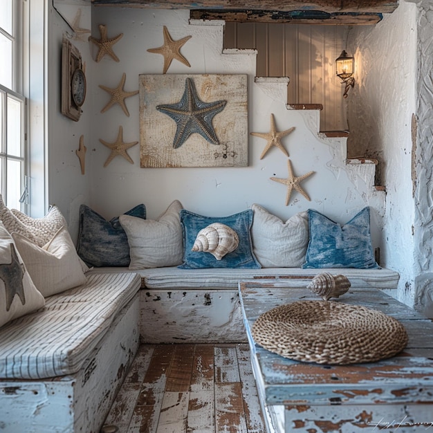 Photo a room with a couch a star and a wall with a star on it