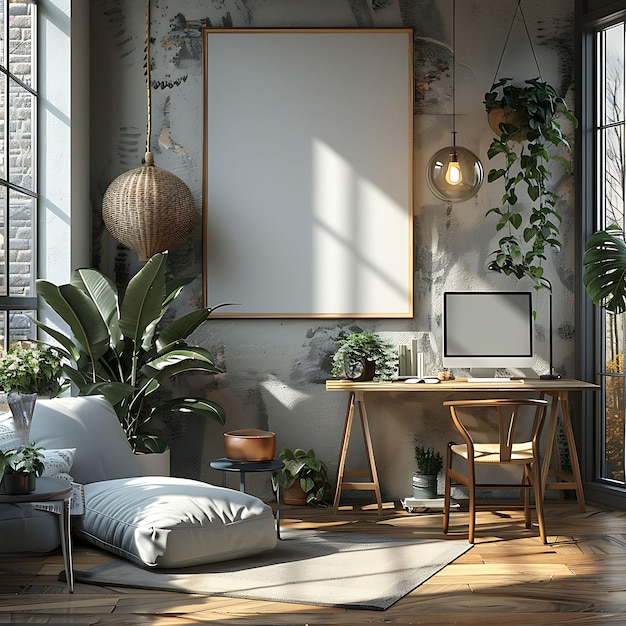 a room with a couch a table a large picture frame and a plant in the corner