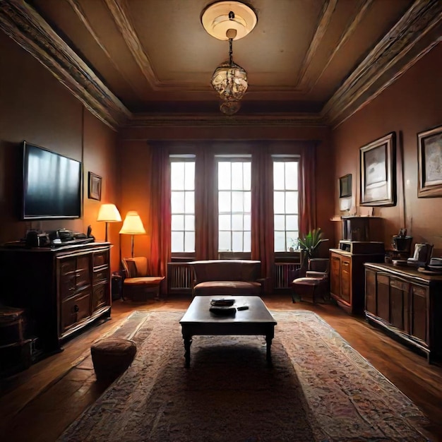 a room with a couch a table and a tv on the wall