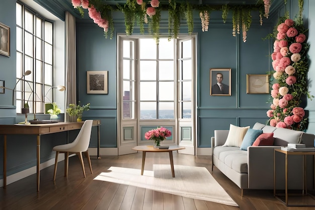 A room with a couch, a table, a vase of flowers and a window with a view of the city.