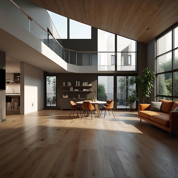 a room with a couch and a table with chairs and a book shelf