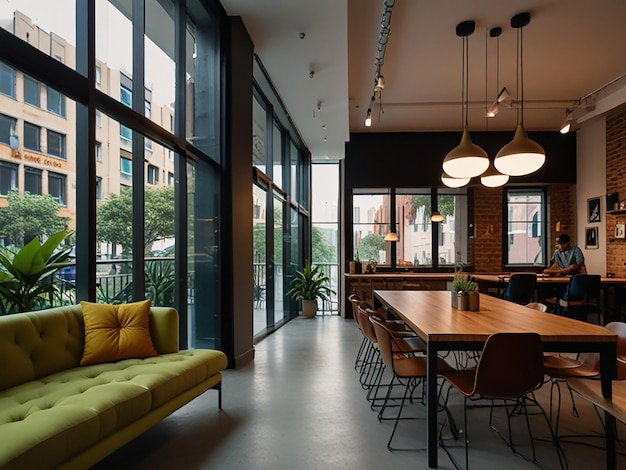 Photo a room with a couch and a table with chairs and a large window