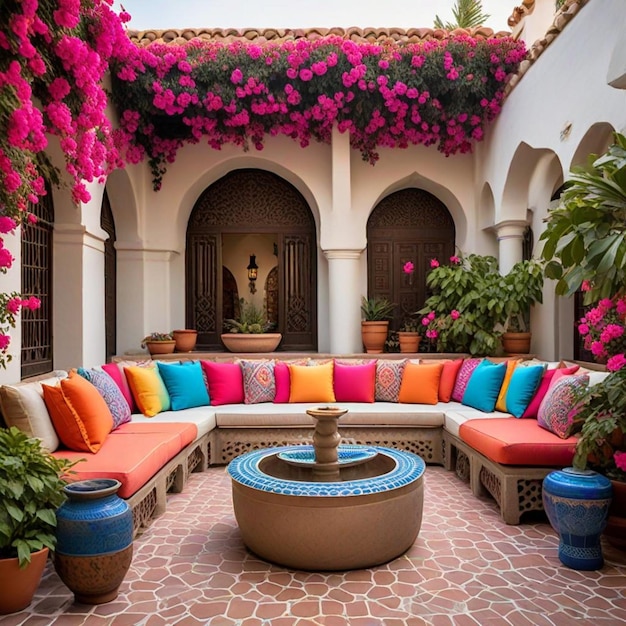 a room with a couch and a table with many colorful pillows and flowers on it