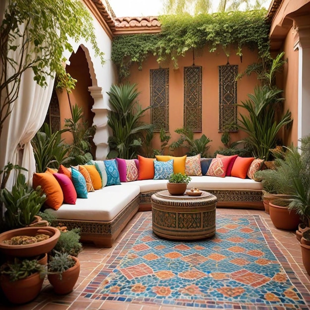 a room with a couch and a table with many different colored pillows on it