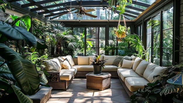 a room with a couch and a table with plants and a lamp