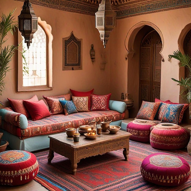 Photo a room with a couch and a table with a rug with a colorful rug on it