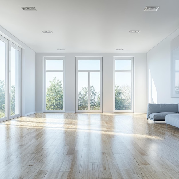 a room with a couch and a window with the sun shining through the windows