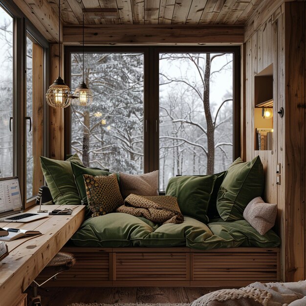 Photo a room with a couch and a window with a view of the woods outside