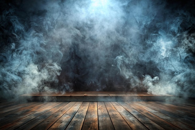 a room with a dark background and a wooden floor with a smoke coming out of it