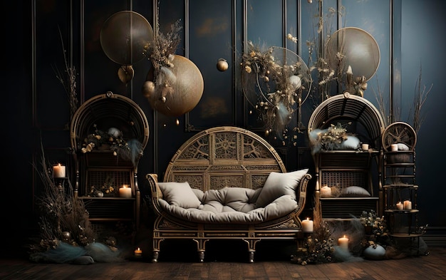 a room with a dark wall and a couch with a bunch of balloons and candles.