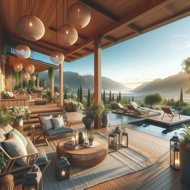 Photo a room with a deck that has a view of mountains and a lake