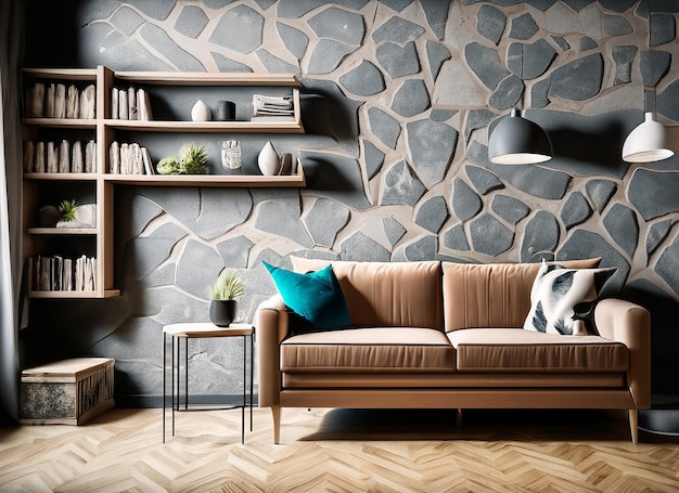 Room with a decorative background grey stone wall wooden decor and a brown parquet floor with a sofa...