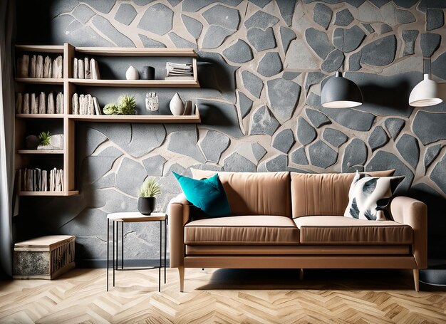 Photo room with a decorative background grey stone wall wooden decor and a brown parquet floor with a sofa...