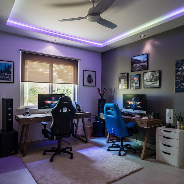 room with a desk chair and a computer monitor gaming room _Ai generated