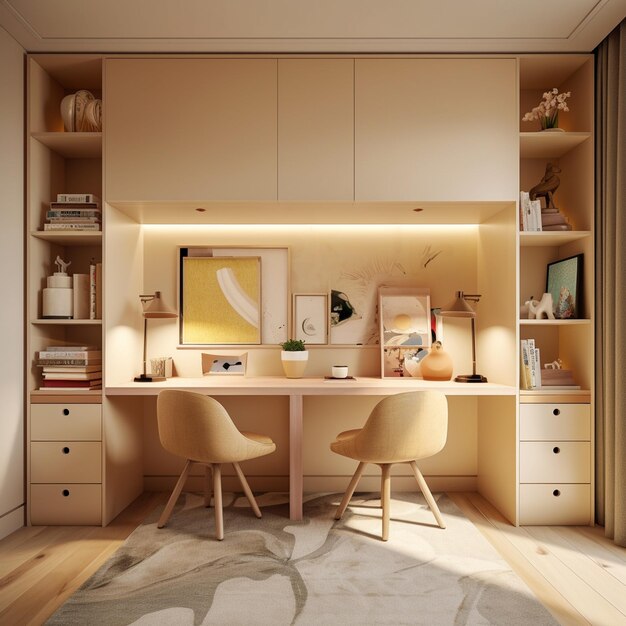 A room with a desk and a chair with a bookcase in the corner.