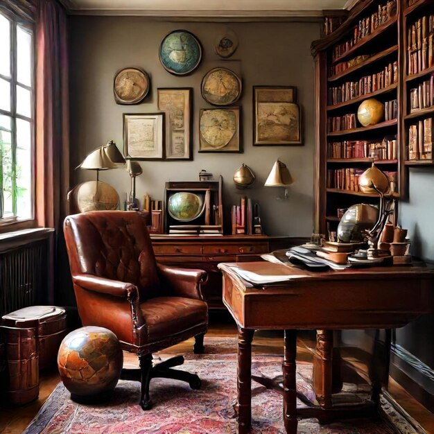 a room with a desk and a chair with a globe on the top