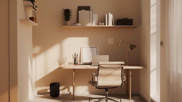 a room with a desk and a chair with a lamp on it