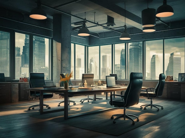 a room with a desk and chairs and a laptop on it