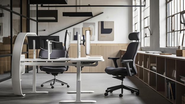 a room with a desk and chairs and a picture of a chair