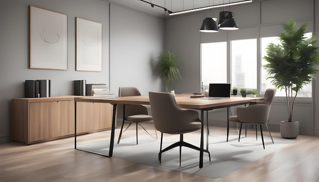 a room with a desk and chairs and a picture of a plant