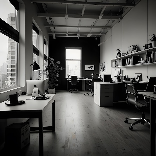 a room with a desk a computer and a window with a view of a city