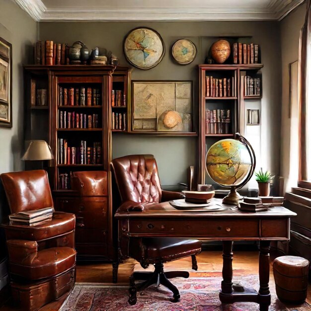 a room with a desk and a globe on the wall