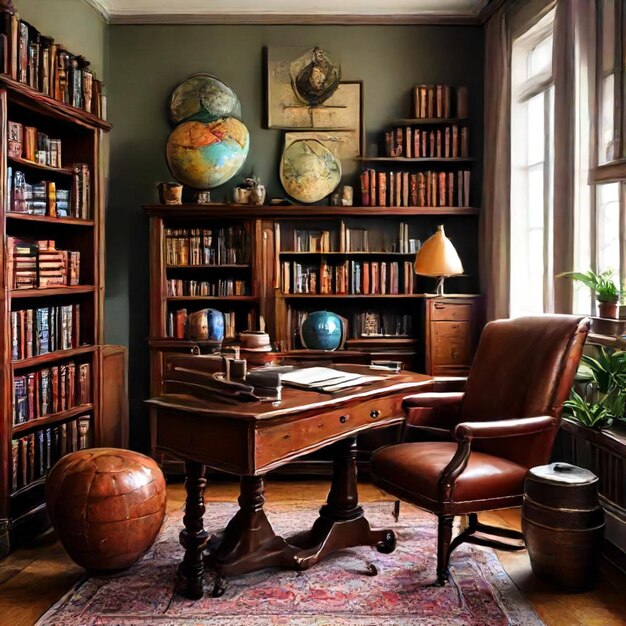 Photo a room with a desk and a globe on the wall