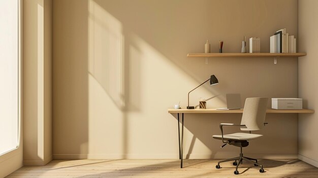 a room with a desk and a lamp