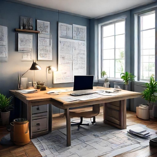 a room with a desk and a laptop on it