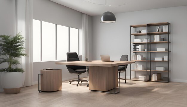 a room with a desk and a laptop on the table